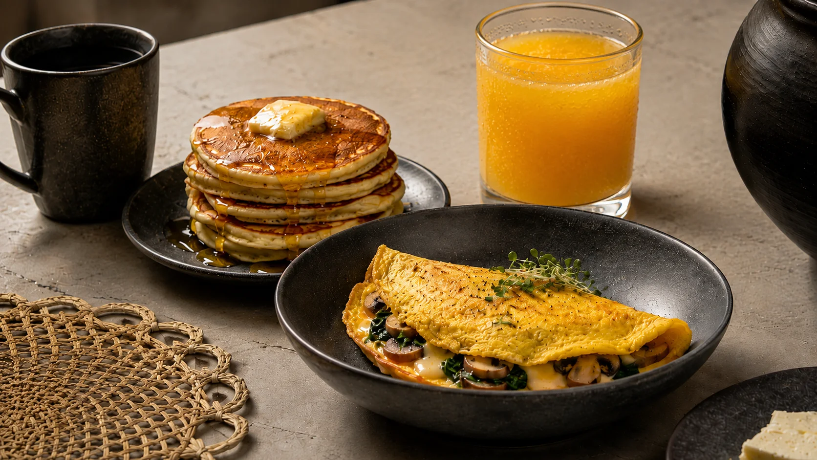 Brunch de pancakes, omelette, café y jugo en Altézza