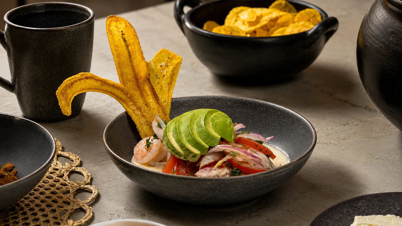 Ceviche manabita con camarones, aguacate y plátano